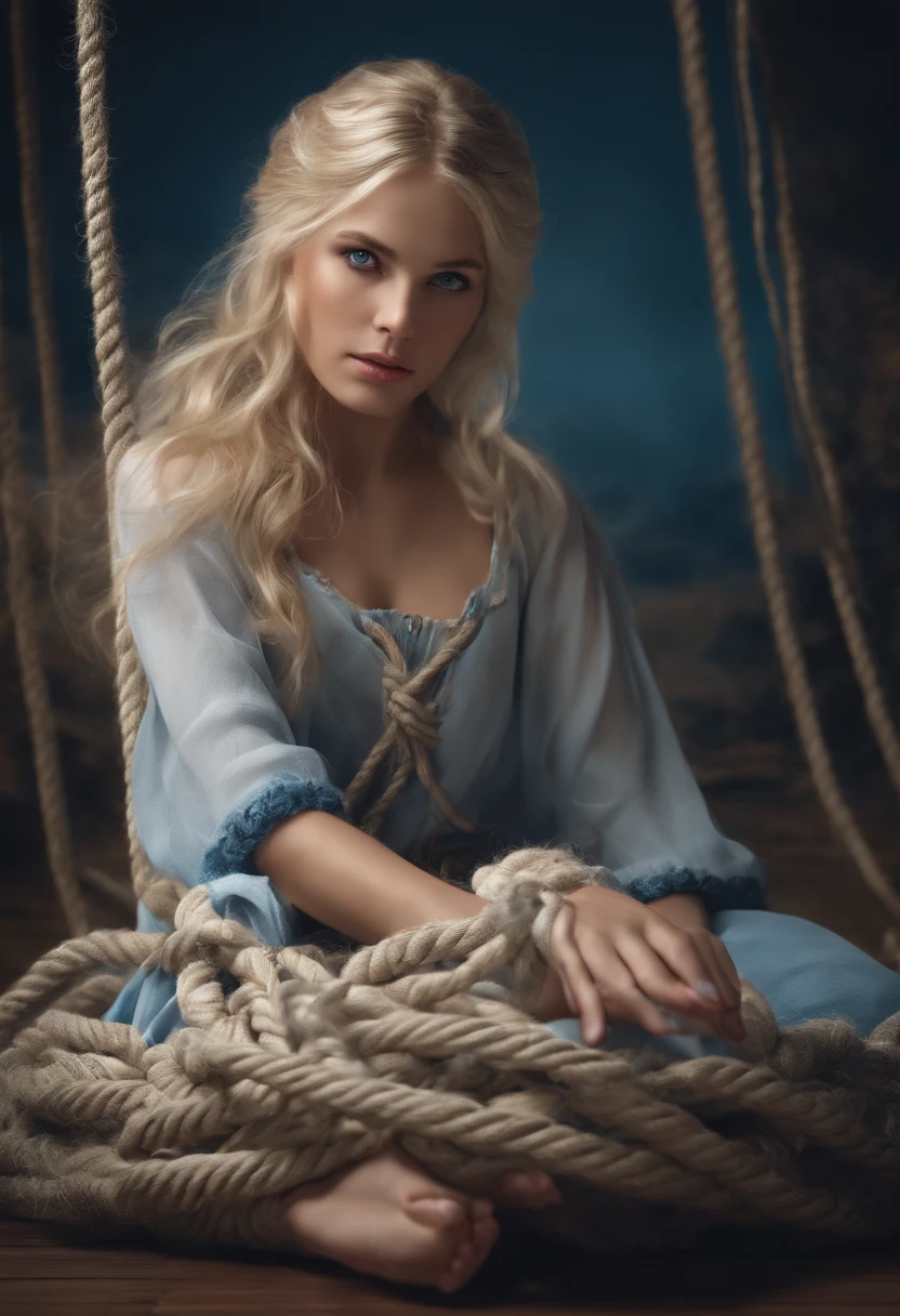 3d rendering of white blonde girl with blue eyes with her feet and hand bound with white rope