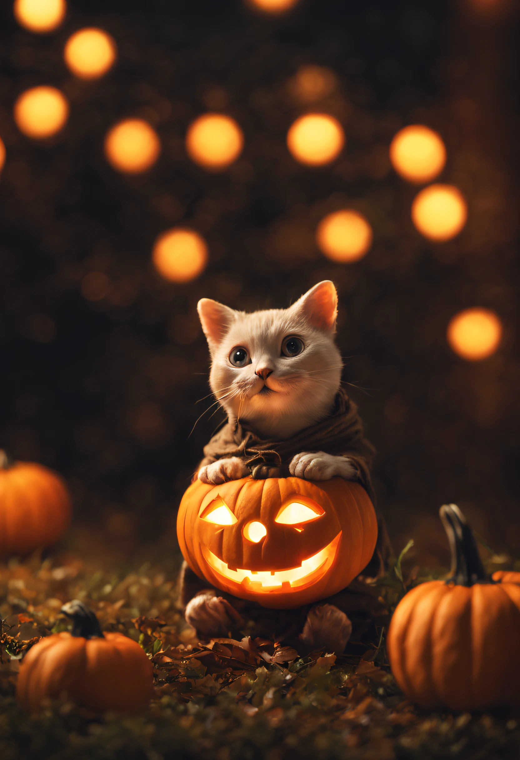 IMAGE_TYPE: Photo Manipulation
GENRE: Whimsical
DESCRIPTION: A captivating photo manipulation invites viewers to a whimsical and cheerful universe where a cute and lovable anthropomorphic Jack-o'-lantern basks in happiness. The image is bathed in soft, enchanting light, capturing the creature's joy, friendly demeanor, and twinkling eyes. It's a heartwarming scene that embodies the magic of a delightful Halloween.
EMOTION: Wonder
SCENE: Enchanted Halloween celebration
ACTORS: The lovable anthropomorphic Jack-o'-lantern
LOCATION TYPE: Whimsical Halloween realm
CAMERA MODEL: Digital camera
CAMERA LENS: Standard lens
SPECIAL EFFECTS: Soft lighting, magical ambiance, and an aura of wonder and delight. Enchanting, Baroque, Frogcore, face shot, Substance 3D, Grainy, figurine, bleak colors, Grandparentcore, laser lighting, hyperrealistic intricate detail finely detailed ultra realistic Tonal Colors octane render 8k
TAGS: Whimsical, Cute, Delightful, Halloween