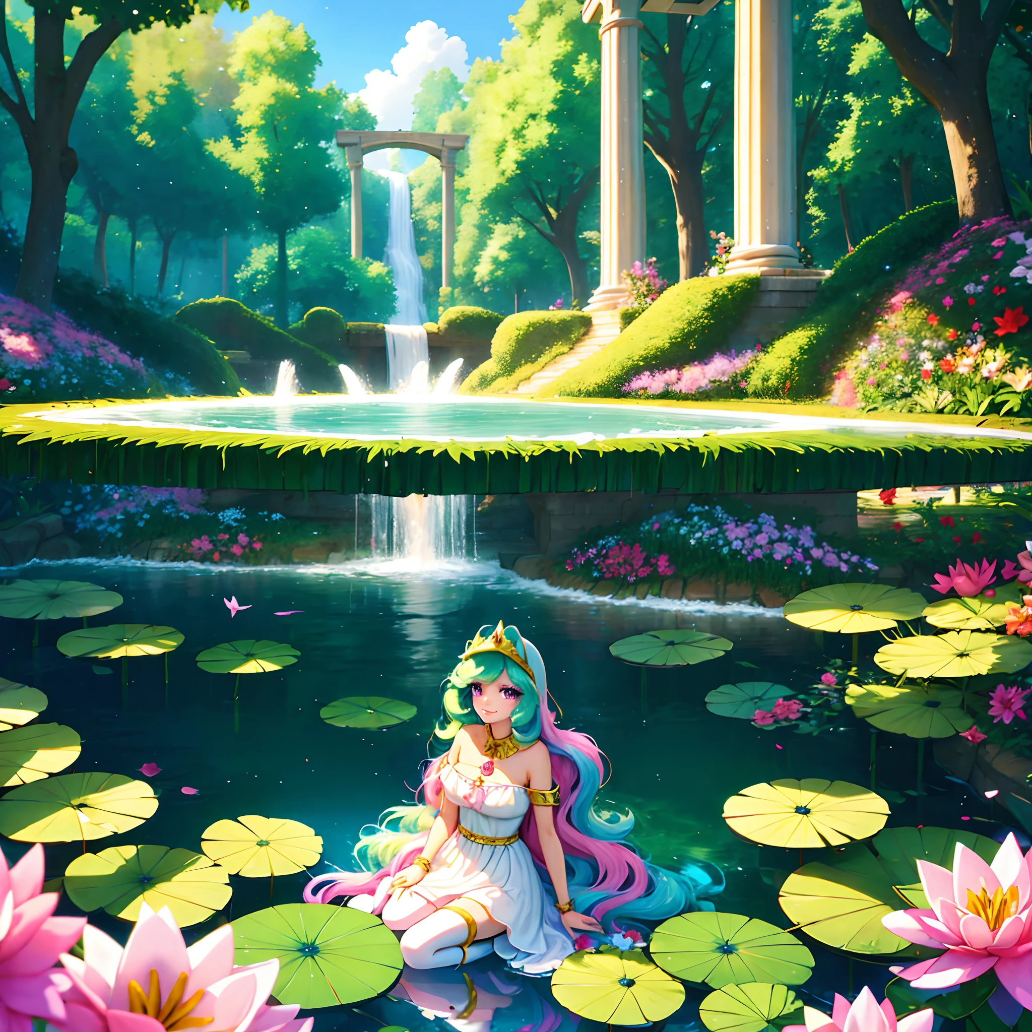 Celestia, celestia from my little pony, celestia in the form of a girl, long wavy hair, pink eyes, lush breast, greek columns, outside, beautiful majestic forest, vine leafs surrounding the columns, bush of flowers everywhere, wear a white goddess dress, knee high boot, white angelic wings, white pony ears, clear sky, bright sunny day, water fall, river, water reflection, lily pads, heavenly forest, long beautiful greek dress