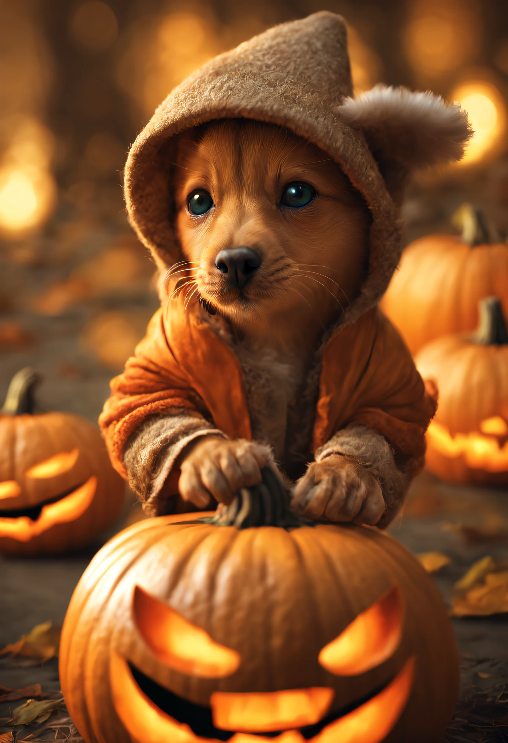 IMAGE_TYPE: Photo Manipulation GENRE: Fantasy DESCRIPTION: A captivating photo manipulation transports viewers to a magical world where a cute and endearing anthropomorphic Jack-o'-lantern exudes happiness. The image is bathed in a warm and ethereal light, capturing the creature's infectious joy, playful grin, and twinkling eyes. It's a delightful scene that embodies the spirit of a cheerful Halloween. EMOTION: Delight SCENE: Whimsical Halloween magic ACTORS: The lovable anthropomorphic Jack-o'-lantern LOCATION TYPE: Enchanted Halloween realm CAMERA MODEL: Digital camera CAMERA LENS: Standard lens SPECIAL EFFECTS: Soft lighting, magical ambiance, and an aura of delight and wonder. TAGS: Fantasy, Cute, Delightful, Halloween Enchanting, Ancient Egypt, Oil Pastel Drawing, DSLR, Unreal Engine rendering, Flat, Sound art, black colors, Metalcore, ultraviolet lighting, hyperrealistic intricate detail finely detailed ultra realistic Tonal Colors octane render 8k