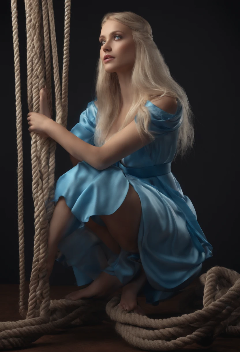 3d rendering of white blonde girl with blue eyes with her feet and hands bondage with rope