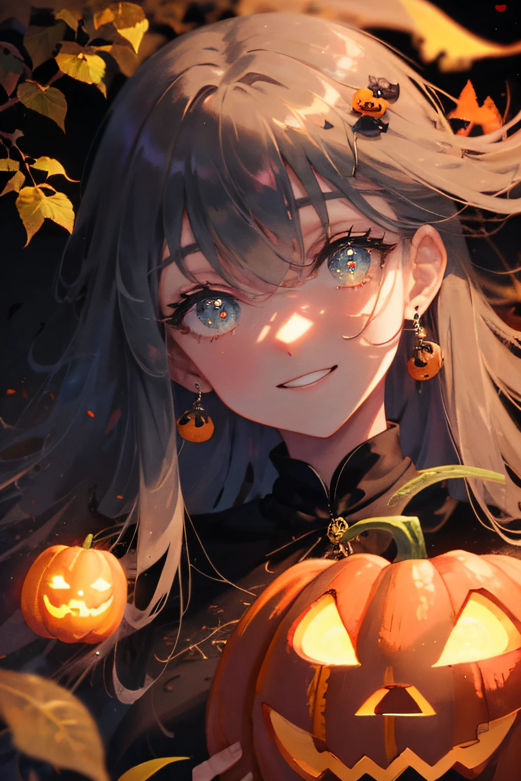 (High quality, 8K), watercolor paiting,(Jack-o'-lantern), Halloween, (pumpkins), Women with long hair, Detailed face, Detailed eyes, Smile, Autumn, red leaves, Yellow leaves, Colored leaves, Halloween Party, Witch, (sweets, candy),