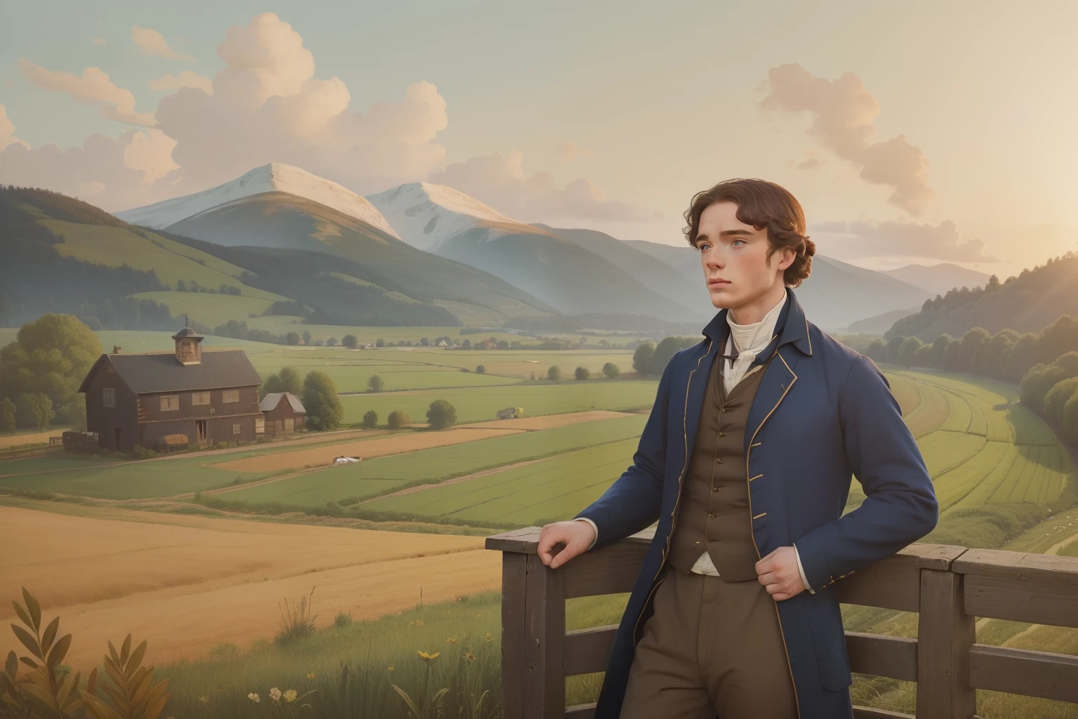 year: 1840. Location: Illinois. Pre-Raphaelite scene with a 22-year-old Richard Madden, doctor, exploring a prairie, mountains, wooden cabin next to a river, ((((farming Clothing from the 1830s)))) ((Hairstyle of the 1830s)), ((("OMITB" cinematography)))