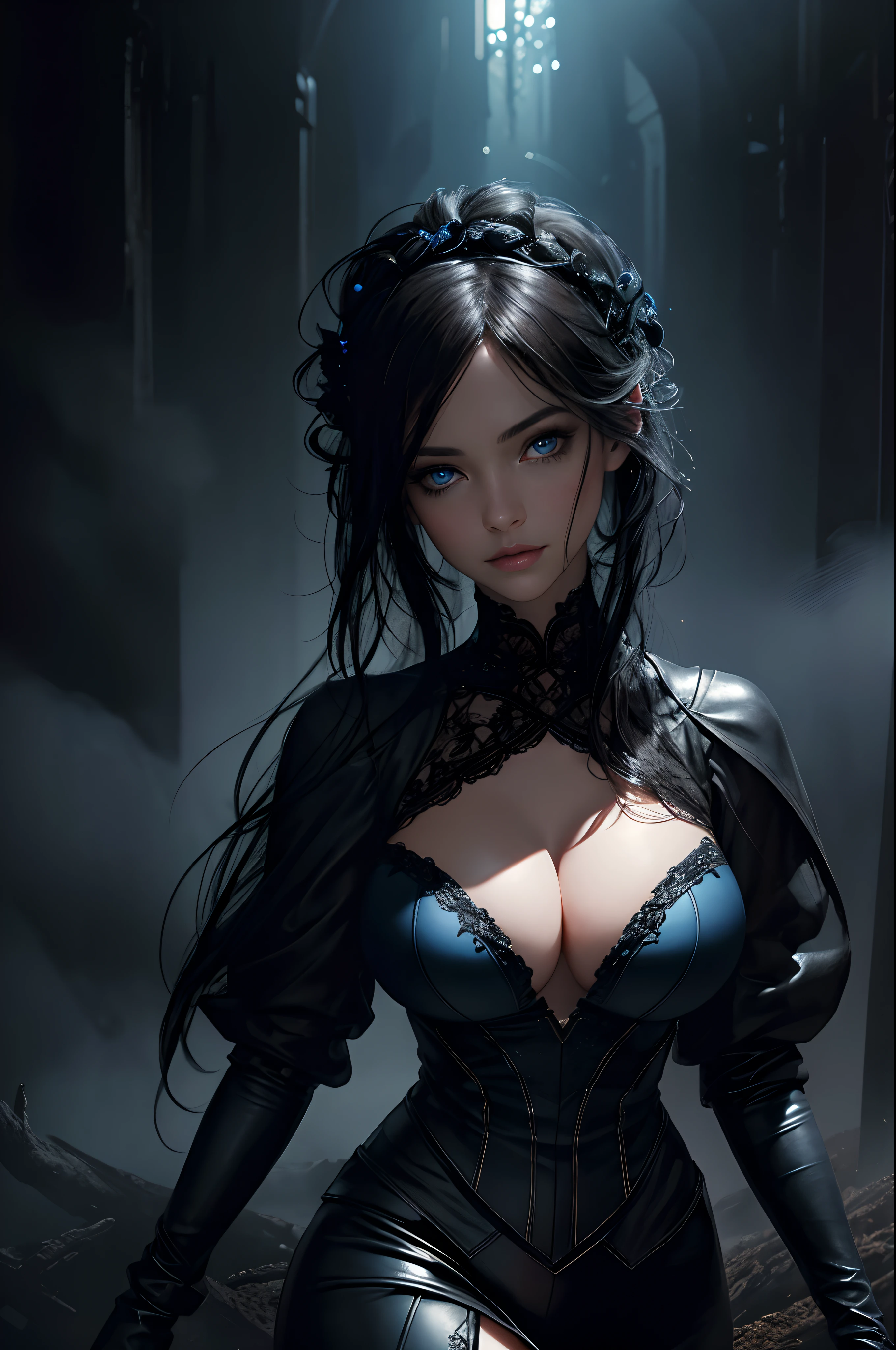 (photorealism, best quality, high details, high-resolution:1.2, masterpiece, 4K), (dark fantasy illustration:1.3), portrait of beautiful woman, ((surrounded by black fog coming form all directions)), woman, messy black hair, black leather clothes, beautiful face, hourglass body, blue eyes, ((blue glowing eyes)), elegant, intricate , hourglass figure, (finely detailed beautiful eyes: 1.2), ((huge breasts)), perfect body, looking at viewer, enchanting gaze, 1gril, full body portrait, cinematic lighting, darkness, dark scene, ((dim light)), mute lighting, super detailed, ultrarealistic, digital photography