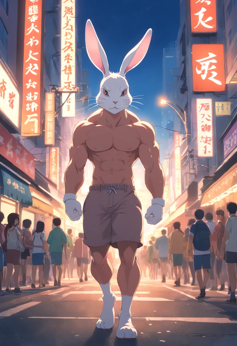 ((RAW photogr)), ((tmasterpiece)), Anthropomorphic humanoid white rabbit wearing (((Street attire))), Walk wildly through the crowd, intricately details, Intricate work by Gribors, Behind the city, fit-muscled body, (((Large muscles))), Muscular arms, (Small head), Scary ogres, Titan soft lighting, Ultra photo realsisim, gentle illumination, sinister environment