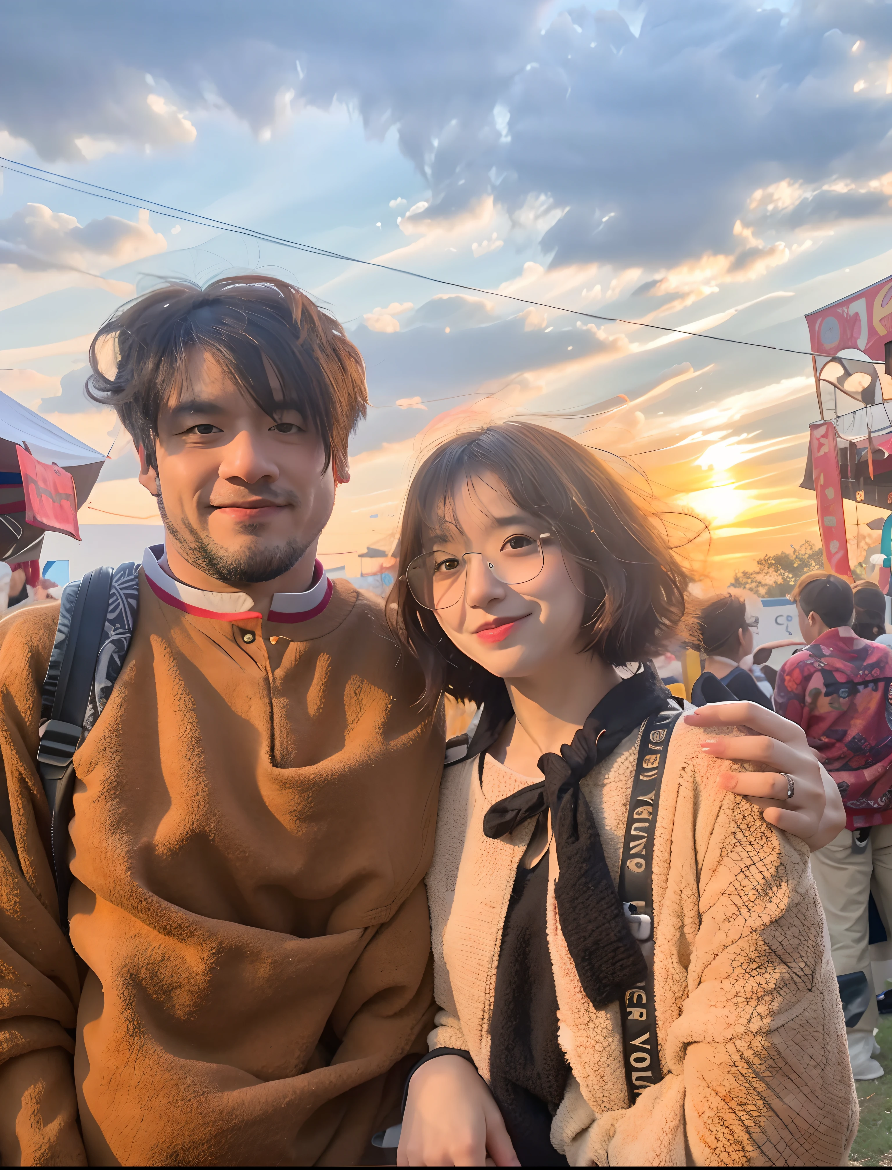 they are posing for a picture in front of a carnival, candid picture, taken with sony alpha 9, shot on nikon z9, profile pic, in the background, taken with the best in background, smooth in _ the background, lovely couple, music festival, shot with sony alpha, student