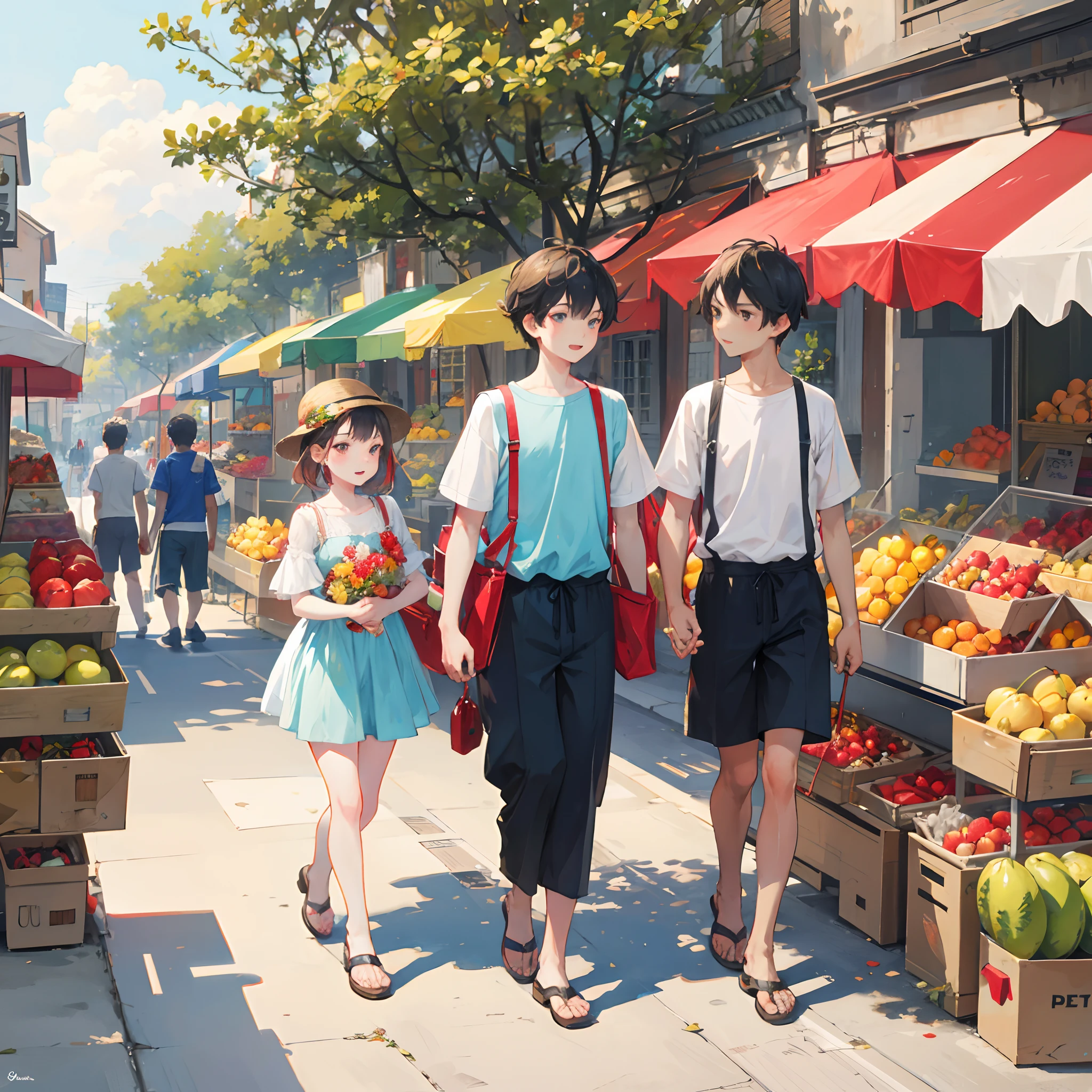 Boy and girl, summer, walking in the street, fruit vendors