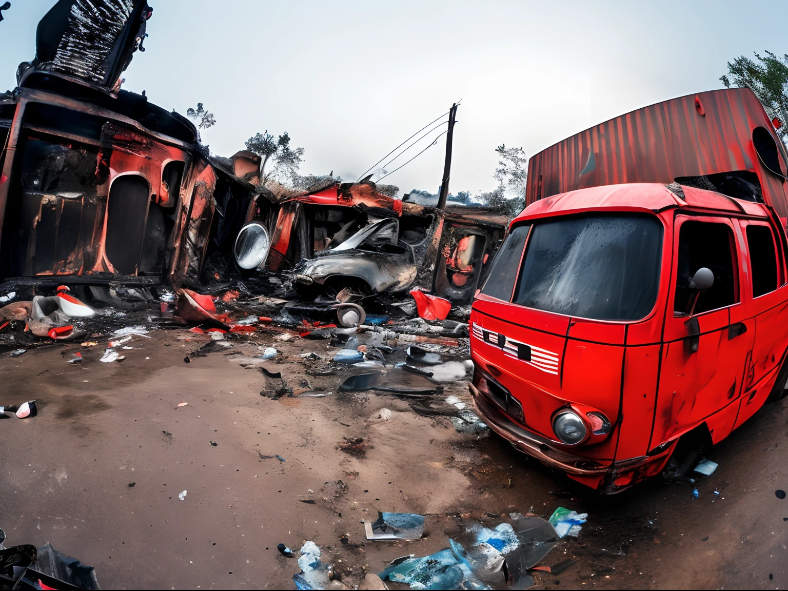 fish eye camera black and red armored stealth van body with buggy wheels dirty chipped paint scratched damaged wear and tear background post-apocalyptic night ruble trash junk yard fire concrete wires pipes