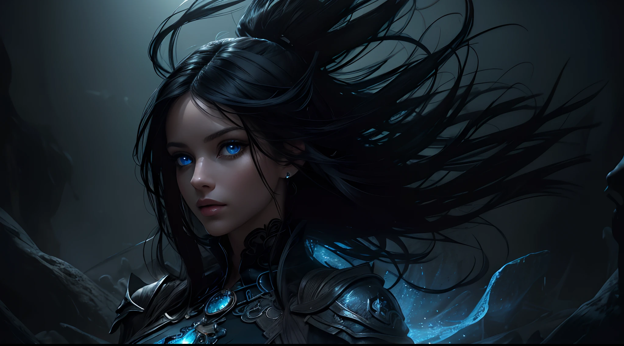 (photorealism, best quality, high details, high-resolution:1.2, masterpiece, 4K), (dark fantasy illustration:1.3), portrait of beautiful woman, ((surrounded by black fog coming form all directions)), woman, messy black hair, black leather clothes, beautiful face, hourglass body, blue eyes, ((blue glowing eyes)), elegant, intricate , hourglass figure, (finely detailed beautiful eyes: 1.2), ((huge breasts)), perfect body, looking at viewer, enchanting gaze, 1gril, full body portrait, cinematic lighting, darkness, dark scene, ((dim light)), mute lighting, super detailed, ultrarealistic, digital photography