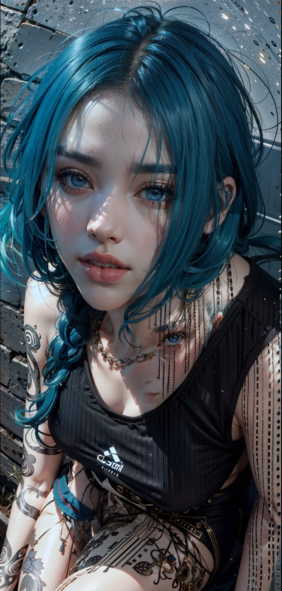 a close up of a woman with serious face, serious eyes, straight-faced, beautiful haired girl, blue hair, blue hair, rainy, rain, high quality, full body, (photorealistic:1.4), raw photo, 1girl, looking_at_viewer, makeup, solo, light smile,shadows, contrast, analog style (look at viewer:1.2) (skin texture) (film grain:1.3), (warm hue, warm tone:1.2), close up, cinematic light, sidelighting, ultra high res, best shadow, RAW, RAW photo, a 22-year-old, lipstick, soft lighting, high quality, ((soft lighting:1.4),(pale skin:1.4), highres, sharp focus, extremely detailed, (spotlight), stage, beautiful detailed eyes, masterpiece, cinematic lighting, dslr, Fujifilm XT3,