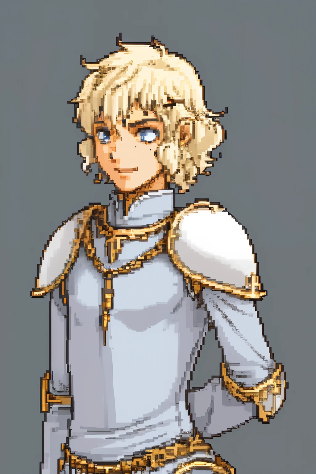 solo focus, Vanilla Fire Emblem, Desaturated Sprite, Half Body, no frames, young man, slim body, light armor, blonde hair, freckles, lots of freckles, freckles all over, pretty, pretty boy, Sky Knight, pegasus knight, beautiful, young man, twink, tribal chain mail armor, wide smile, large eyes, round eyes, feathers hair pin, skinny boy, curly hair, neat hair, big eyes, soft features, huge eyes, androgynous, femboy, short, young, teenager,