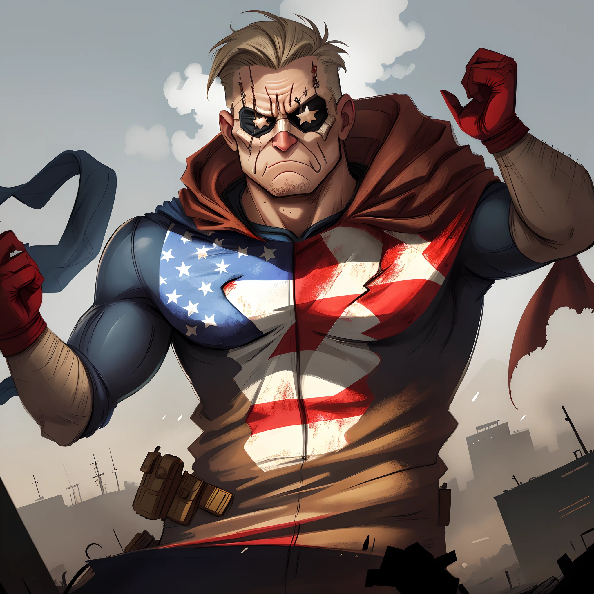 Create a US supervillain using the American flag as a cape in a time of war, post apocalyptic style