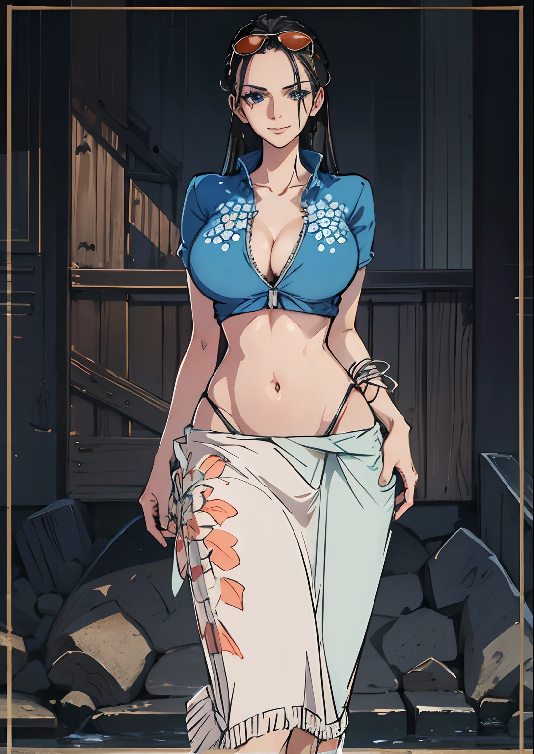 (((masterpiece))), hihgres, NicoRobin, 1girl, solo, long hair, looking at viewer, smile, blue eyes, skirt, large breasts, shirt, black hair, navel, cleavage, very long hair, closed mouth, collarbone, full body, short sleeves, midriff, high heels, crop top, sunglasses, blue shirt, eyewear on head, orange long skirt, railing, hair slicked back, partially unzipped, hands on side,(8k, RAW.photo, best quality, tmasterpiece:1.2), (realisticlying, photograph realistic: 1.4), ultra high res.photorealistic:.1.4,UHD