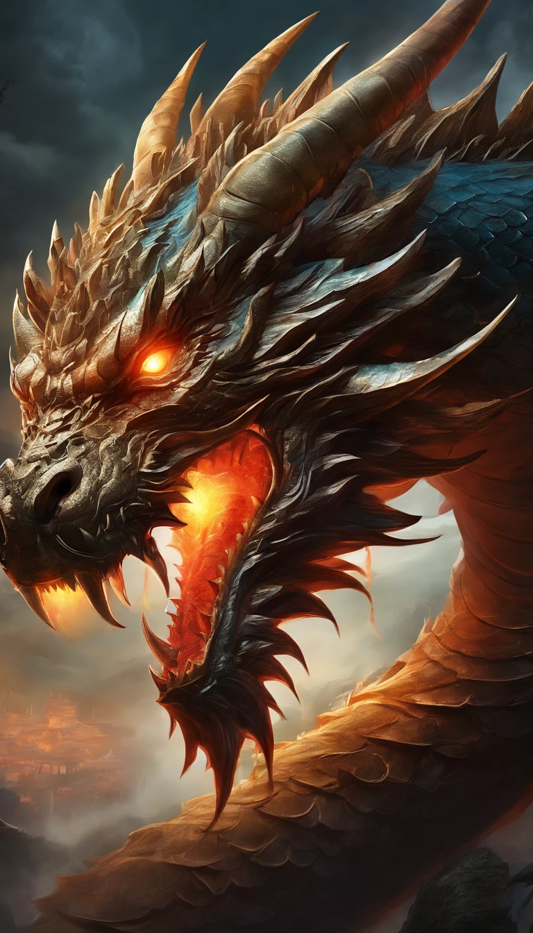 (best quality, high resolution:1.2), (Realistic,fotorrealista:1.37), fundo preto, The head of a Chinese dragon emerges from the darkness, with faintly visible glowing red eyes, detalhes intrincados e intrincados.
