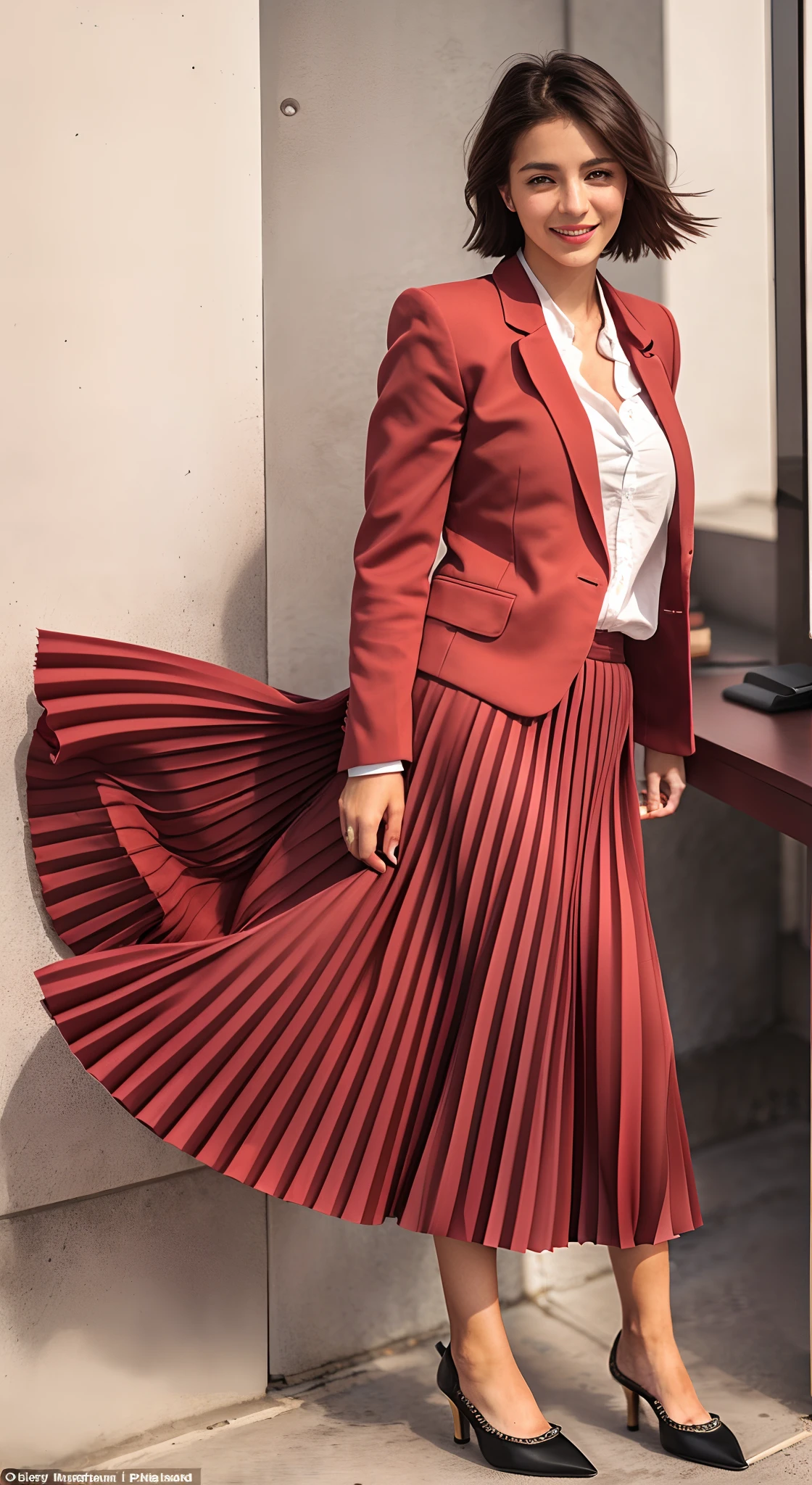 (shy:1,2) (smiling;1,1) woman playing with skirt, dancing, wearing short blazer and very very detailed (long (fully pleated) full circle skirt) and (simple) low heeled office shoes, very very intricate hyper-detailed symmetric (attractive graceful young feminine face) with (sad, tired eyes and a shy smile), large breasts, full of empathy and compassion and love, (pronounced (feminine) features), (highly detailed ultra accurate realistic) hands and fingers, (windy conditions and wind blowing), epic composition, highly detailed attributes, highly detailed space station background, (35mm f1.4 Kodak portra 400 photograph), extremely high quality RAW photograph,