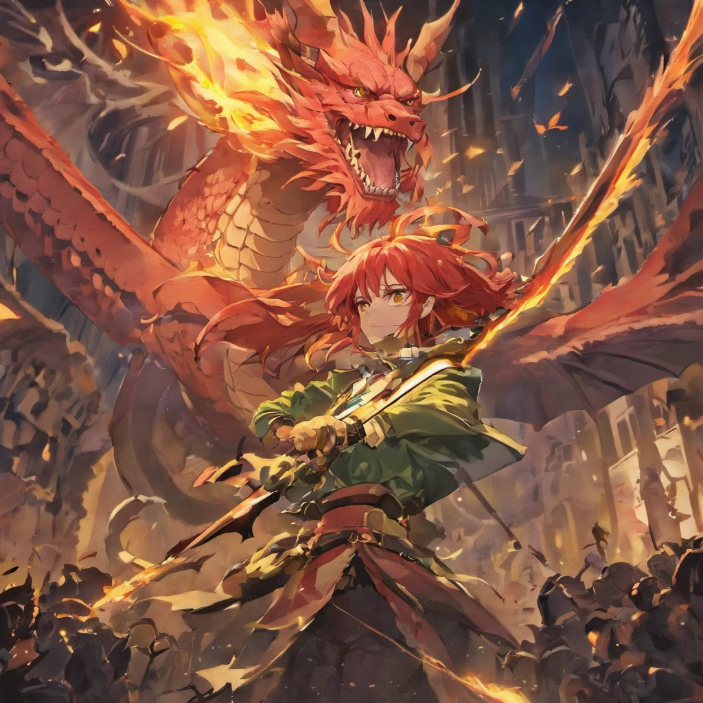 White boy, Long red hair, Green eyes, Dragon tattoo on the right arm, Dragon Wings, Scale polygons, Hold the sword in your right hand, destroyed city, Collapsed building, Dark environment