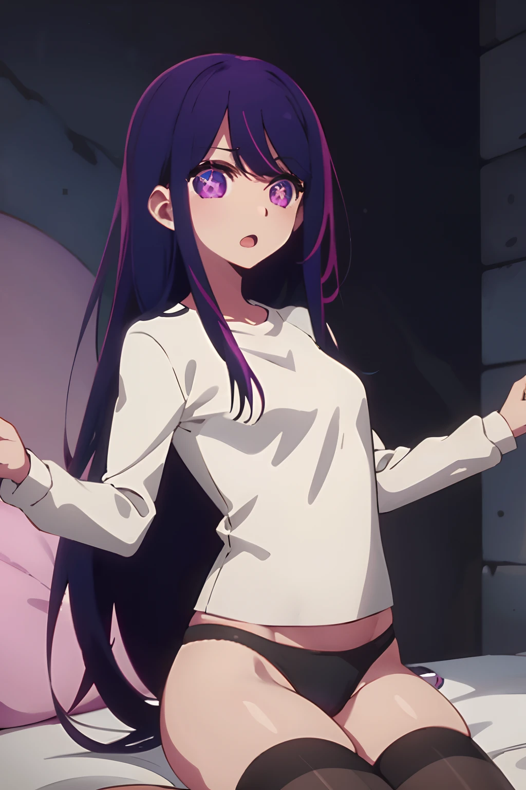 Aykhoshinonova, 1girl, Only in underwear, Stockings, underwear , 独奏, Long hair, Bangs, purple hair, violet eyes, star-shaped pupils, open mouth, 鎖骨, blusher,  looking a viewer,