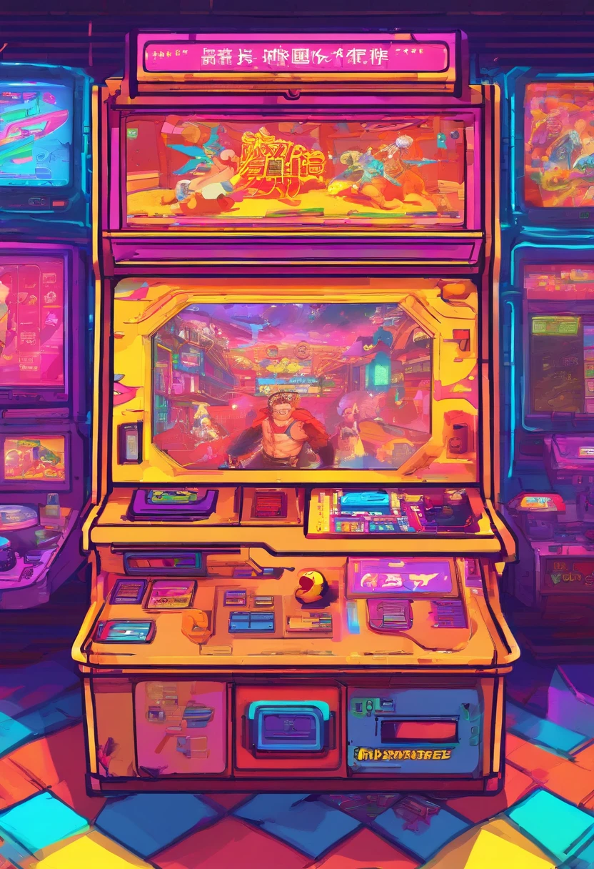 ((tmasterpiece))，((best qualtiy))，((The is very detailed：1.3))， A boy and a girl in the 90's popular arcade arcade, Play Street Fighter fighting games with passion, Room with arcade and neon lights , neonlight，They stand in front of an arcade machine with a color display, Showcasing the game's exciting visuals. There is a strong sense of nostalgia in the air. The arcade is brightly lit, The walls are decorated with classic game posters and three-dimensional models of game characters, The little boy holds the joystick of the arcade machine, Manipulate his characters quickly and skillfully, Display gorgeous combos and skills on the screen, (fang, anime style, wide shot, sideways, 8k, super detail, ccurate, best quality, anatomically correct, highres, Bright colors，Global illumination)