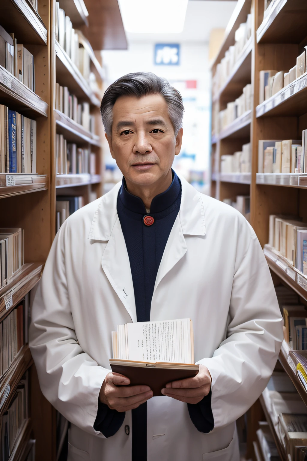 Chinese image,Real frontal photos,Authentic background,Pharmacy background,holding books,Manteau blanc,Face full of wrinkles,TCM image,Wise eyes,male people