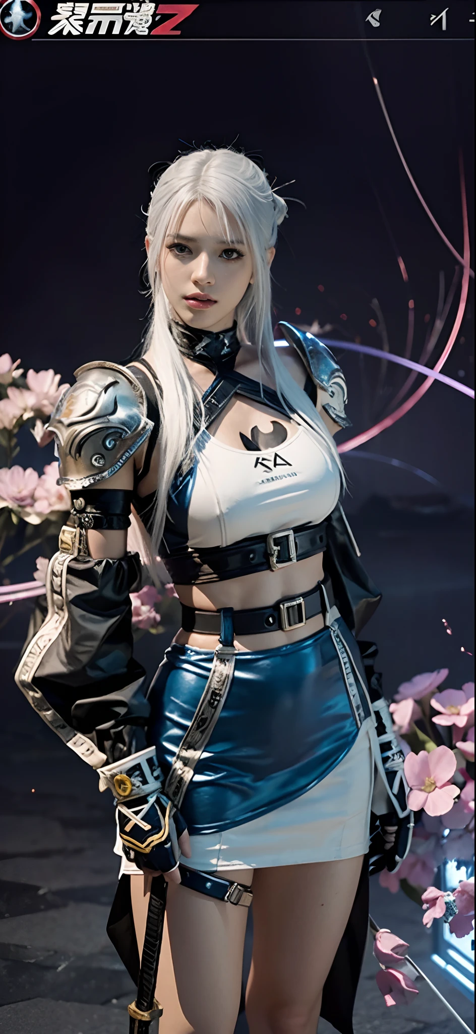 a close up of a person in a costume with a sword, as a character in tekken, female character, tifa lockhart with white hair, katana zero video game character, lunar themed attire, kda, slim body, cyborg - girl with silver hair, upper body avatar, fashion gameplay screenshot, fighting game character, new character, floralpunk elysian maiden, sigma female