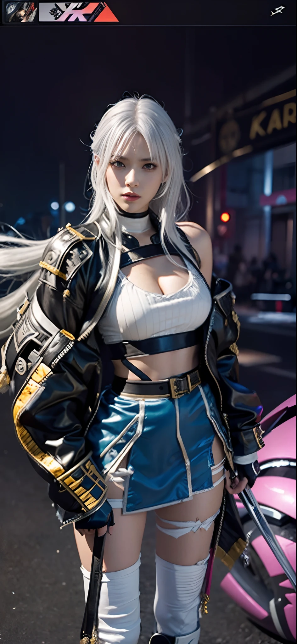 a close up of a person in a costume with a sword, as a character in tekken, female character, tifa lockhart with white hair, katana zero video game character, lunar themed attire, kda, slim body, cyborg - girl with silver hair, upper body avatar, fashion gameplay screenshot, fighting game character, new character, floralpunk elysian maiden, sigma female