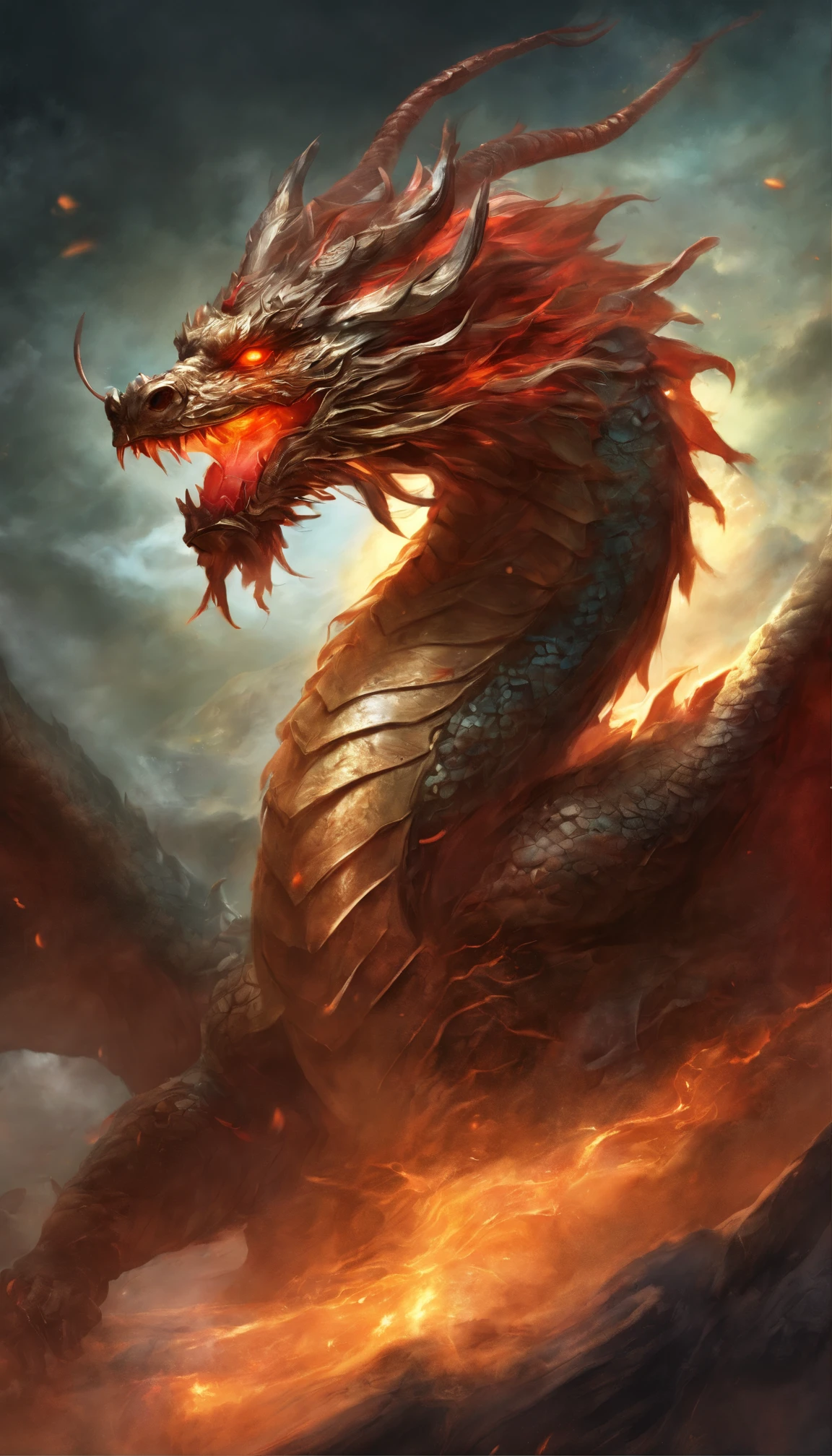 Dragon made of pure fire looking to the right, made of pure fire, facing to the right, close up, red dragon, dragons close to the viewer 