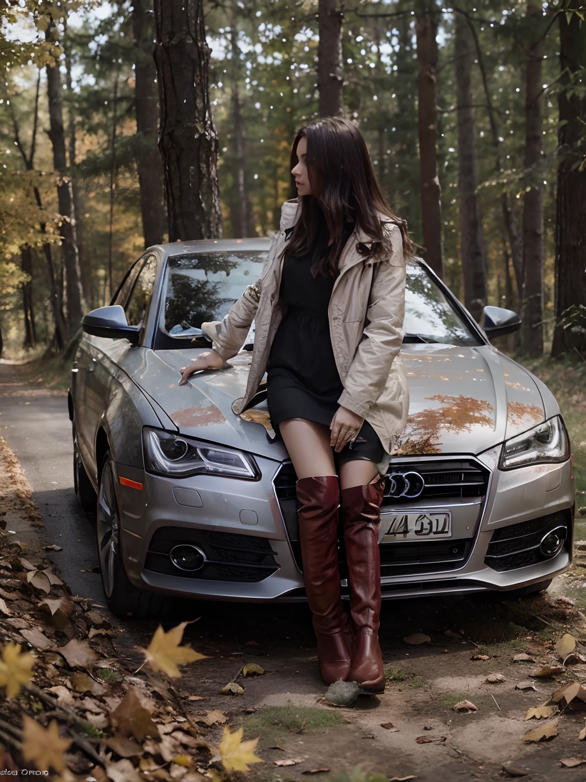 Audi car in autumn forest on the hood brunette girl in red long boots in black short dress , Light jacket