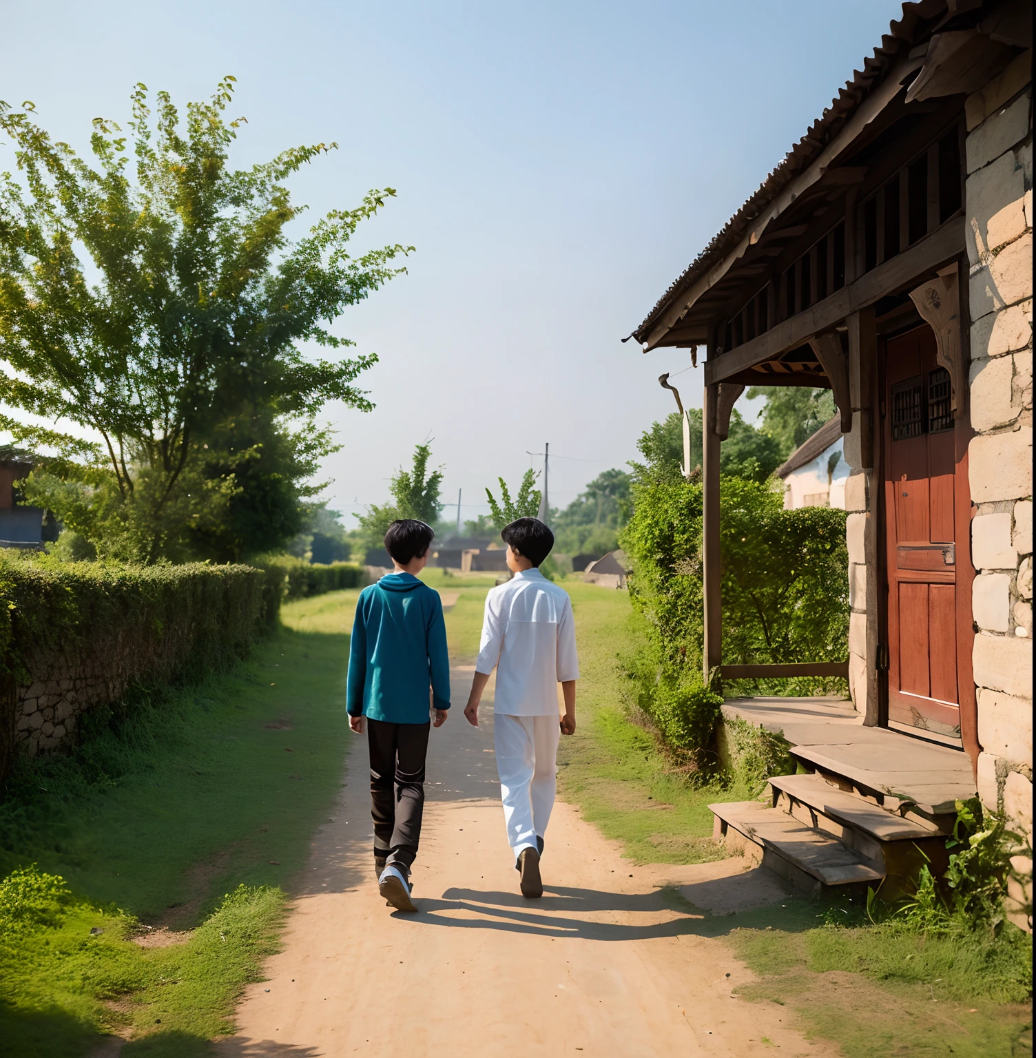 A 19years old boy in a village astreat,walking with his friend, image fore there back side