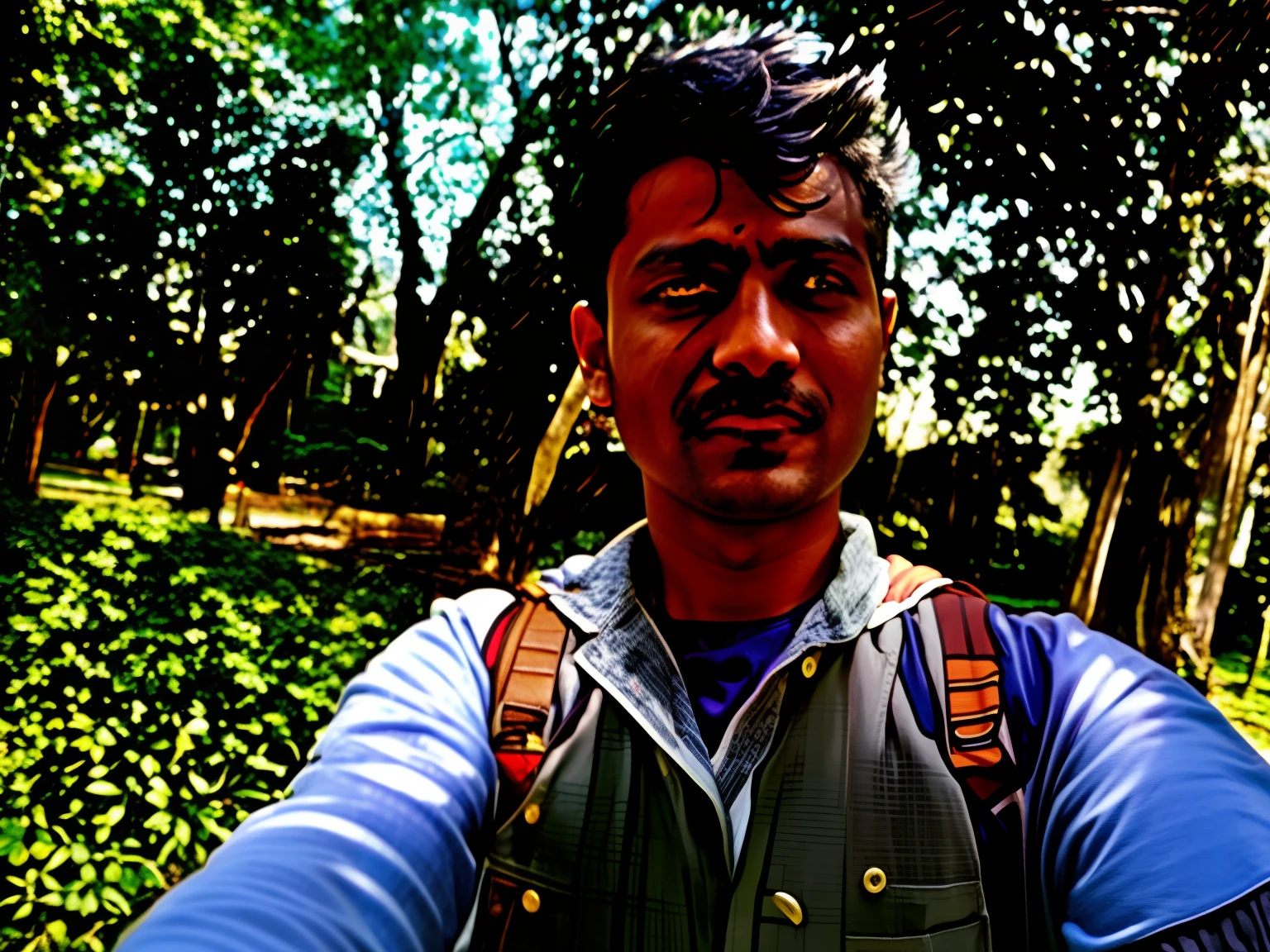 there is a man taking a selfie in the park, assamese, assamese aesthetic, ayan nag, with accurate face, without helmet, inspired by Bikash Bhattacharjee, around 1 9 , nivanh chanthara, ranjit ghosh, in front of a forest background, selfie photo, without beard, help me, with kind face, superman body, superman dress