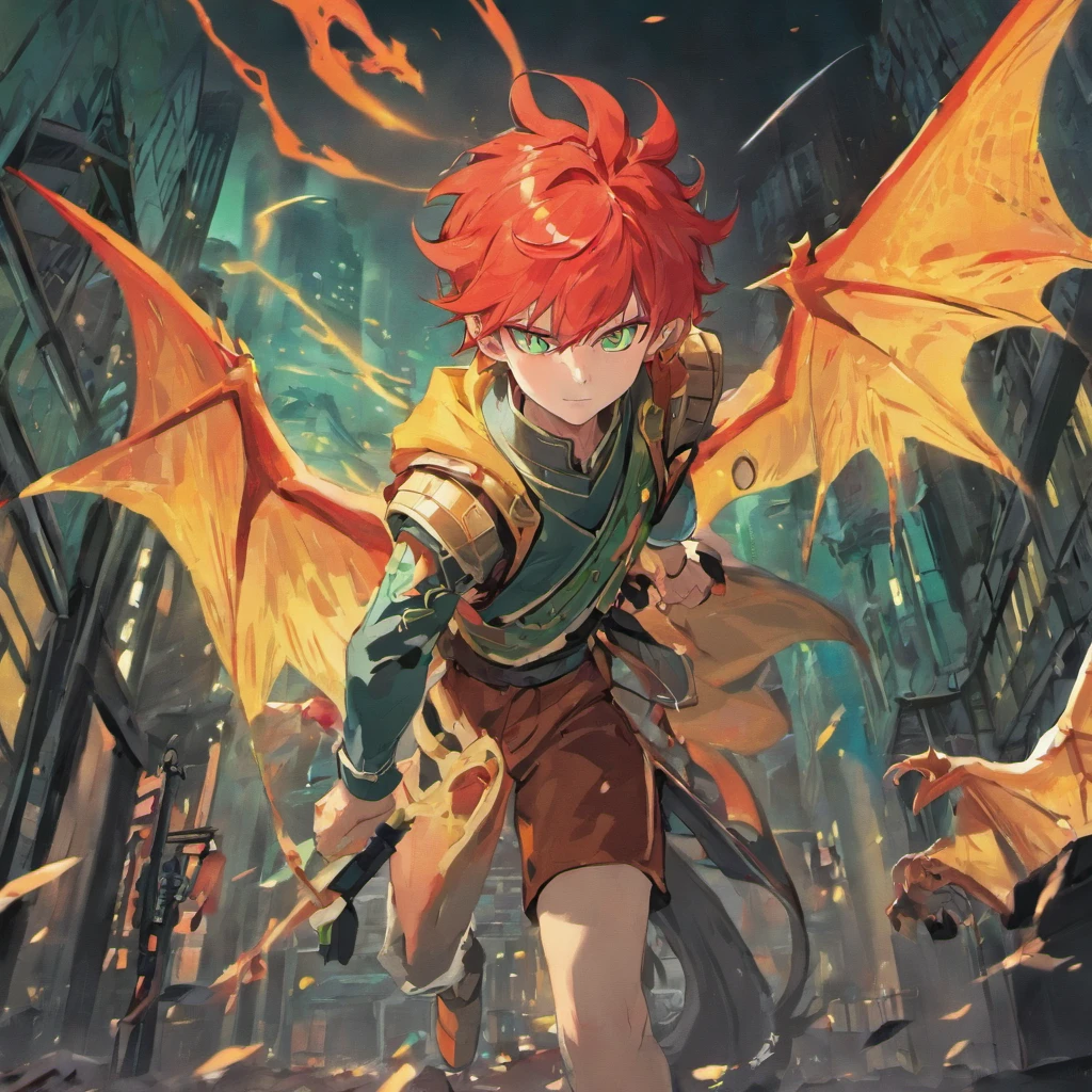 White boy, Long red hair, Green eyes, Dragon tattoo on the right arm, Dragon Wings, Scale polygons, Hold the sword in your right hand, destroyed city, Collapsed building, Dark environment