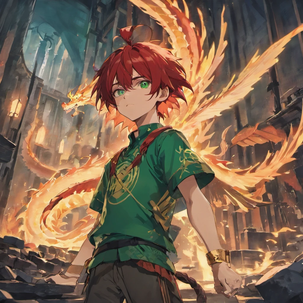 White boy, Long red hair, Green eyes, Dragon tattoo on the right arm, Dragon Wings, Scale polygons, Hold the sword in your right hand, destroyed city, Collapsed building, Dark environment