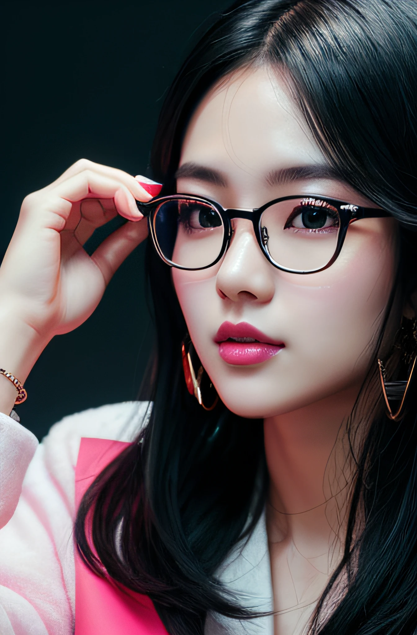 medium shot of beautiful korean women black hair, eyeglasses, stud earrings, neon lighting, Feminine, (8K, Masterpiece, Best Quality, great details), high saturation, best shadows, best light, Extremely delicate whitening) Dark Style