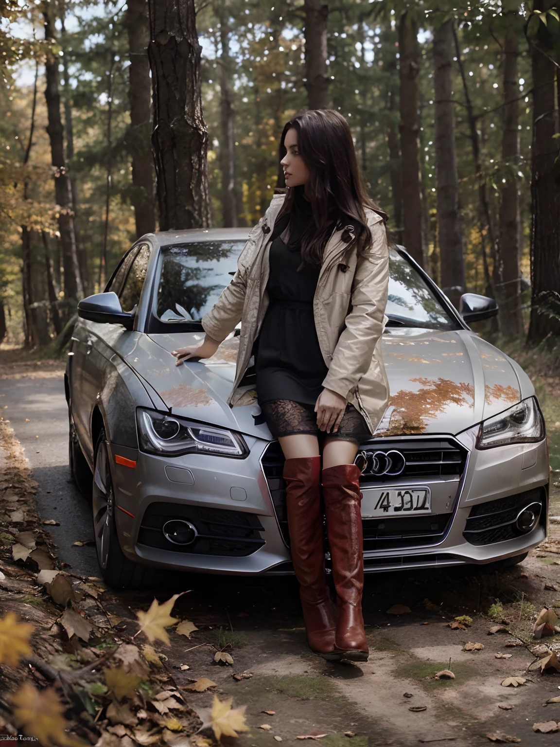 Audi car in autumn forest on the hood brunette girl in red long boots in black short dress , Light jacket