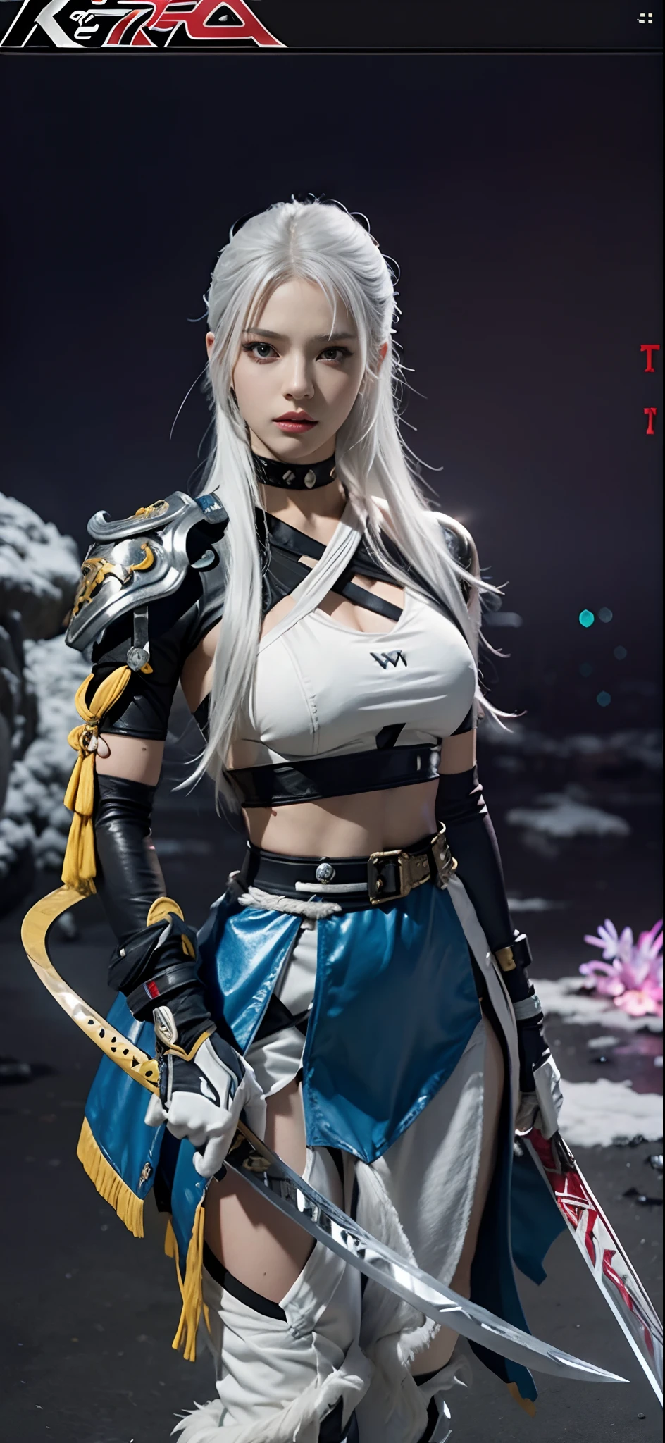 a close up of a person in a costume with a sword, as a character in tekken, female character, tifa lockhart with white hair, katana zero video game character, lunar themed attire, kda, slim body, cyborg - girl with silver hair, upper body avatar, fashion gameplay screenshot, fighting game character, new character, floralpunk elysian maiden, sigma female