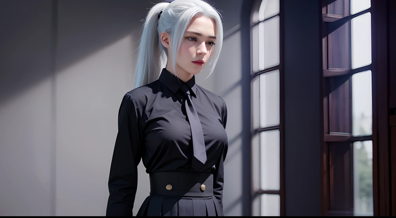 meimei2, 1woman, ponytail, black shirt, necktie, high-waist skirt, buttons, long skirt, extremely beautiful face, realistic, detailed face, narrow eyes, ((solo)), white hair, ((upper body))