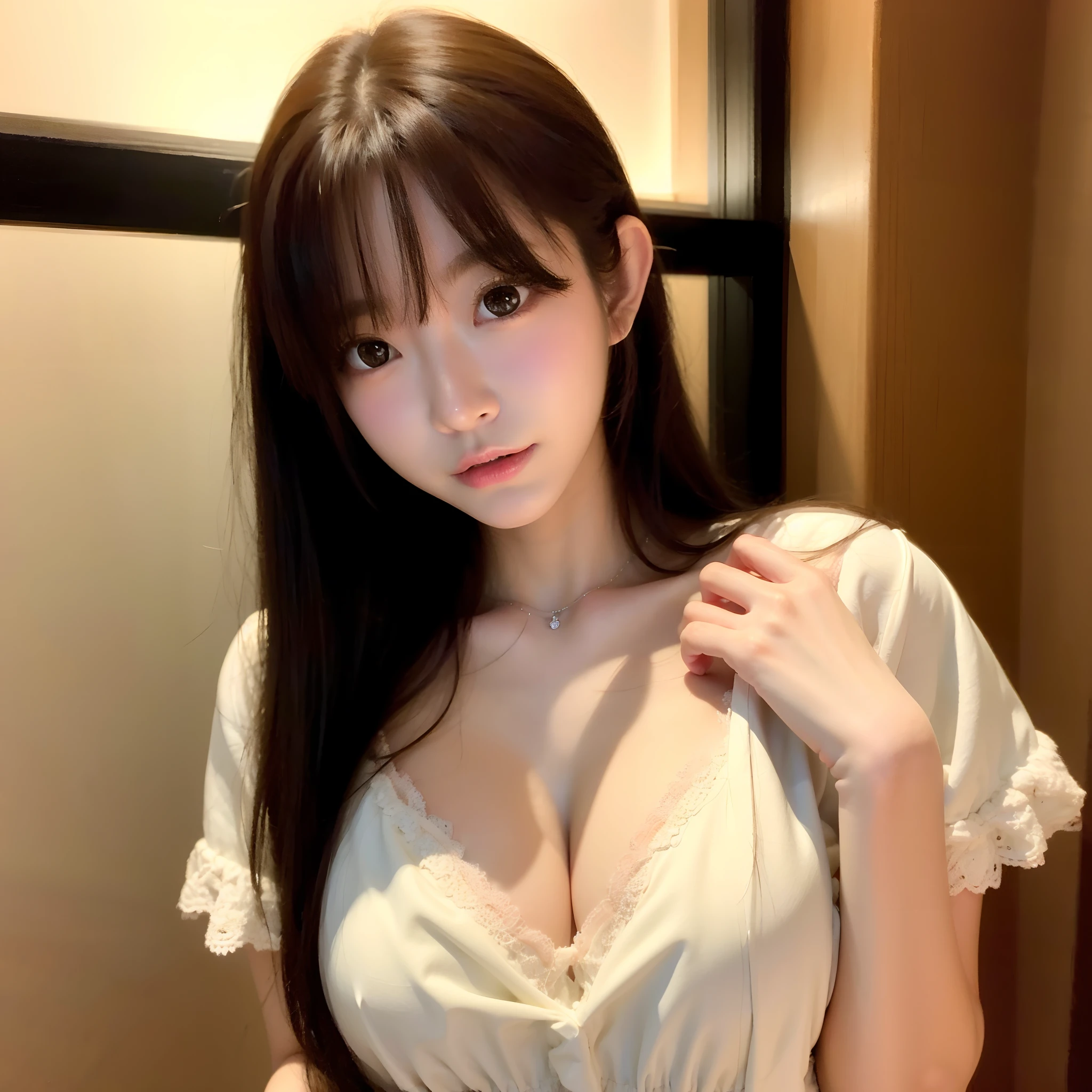 1girl, negligee, long hair, brown hair, hands on own chest, large breasts,
masterpiece, best quality, highly detailed