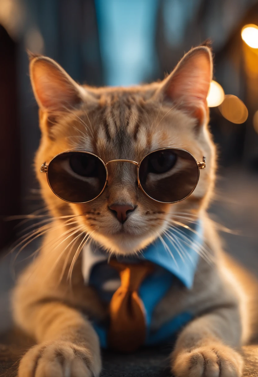 Perfect centering, Cute cat, Wear a suite, Wearing sunglasses, handsome smart, cheerfulness, Standing position, Abstract beauty, Centered, Looking at the camera, Facing the camera, Approaching perfection, Dynamic, Highly detailed, Smooth, Sharp Focus, 8K