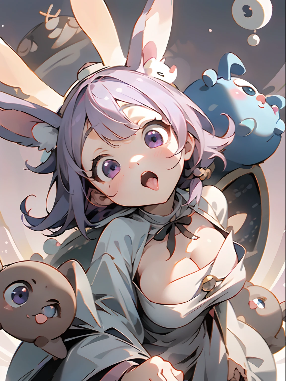 best qualtiy、1girl in、Baby face、Cute Wizard、tongue、Concentrate on the tongue、((Mouth wide open、Show the inside of the mouth))、Showing throat、long tongue、teak、Round cute eyes、big eye、Sauce order、Beautiful purple eyes、Rabbit ears、Wizard's Clothing、The wizard's big wand、Colossal tits、cleavage of the breast、Wizard Hat、simple background、