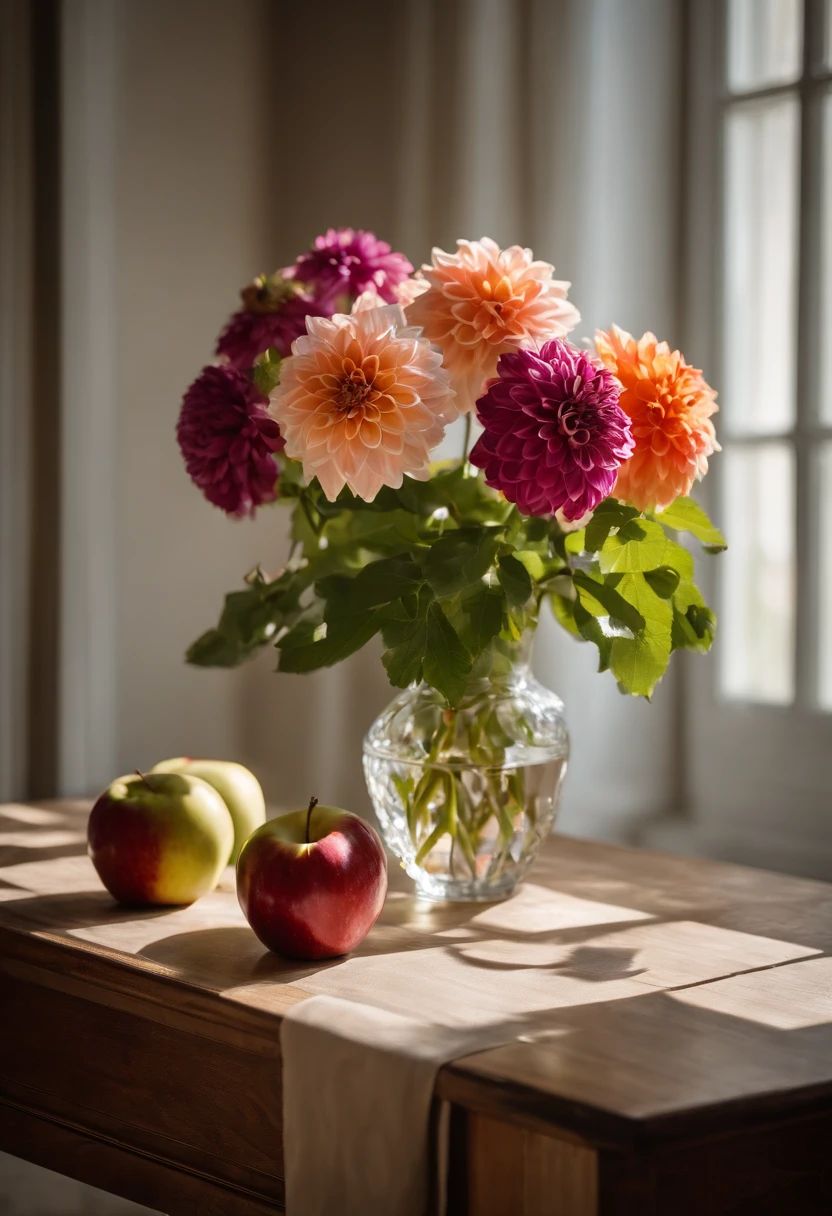 On the table was a vase,There are apples inside, Still life photography, dahlia flower, still life with white vase, Magnificent composition, Still Life Photo Gallery, Still life with flowers, dslr photo of a vase on a table, summer morning light, lpoty, author:Alison Geisler, rendered in corona, ICIN《Ceramic art》magazine photoshoot