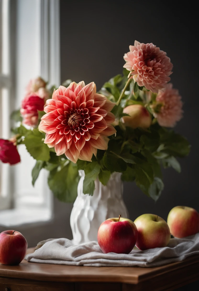 On the table was a vase,There are apples inside, Still life photography, dahlia flower, still life with white vase, Magnificent composition, Still Life Photo Gallery, Still life with flowers, dslr photo of a vase on a table, summer morning light, lpoty, author:Alison Geisler, rendered in corona, ICIN《Ceramic art》magazine photoshoot