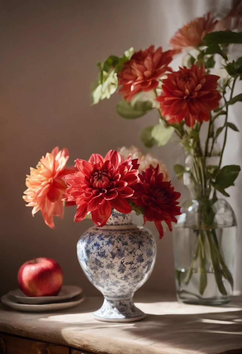 On the table was a vase,There are apples inside, Still life photography, dahlia flower, still life with white vase, Magnificent composition, Still Life Photo Gallery, Still life with flowers, dslr photo of a vase on a table, summer morning light, lpoty, author:Alison Geisler, rendered in corona, ICIN《Ceramic art》magazine photoshoot
