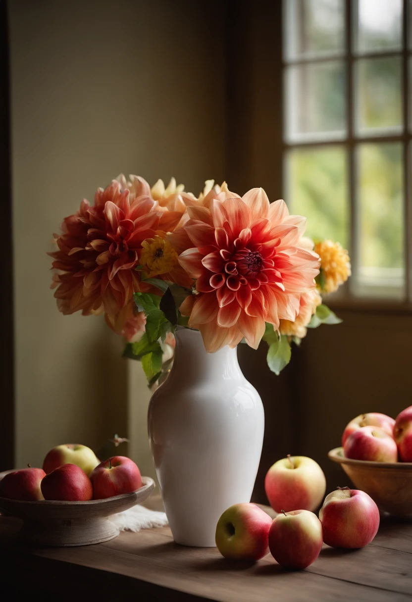 On the table was a vase,There are apples inside, Still life photography, dahlia flower, still life with white vase, Magnificent composition, Still Life Photo Gallery, Still life with flowers, dslr photo of a vase on a table, summer morning light, lpoty, author:Alison Geisler, rendered in corona, ICIN《Ceramic art》magazine photoshoot