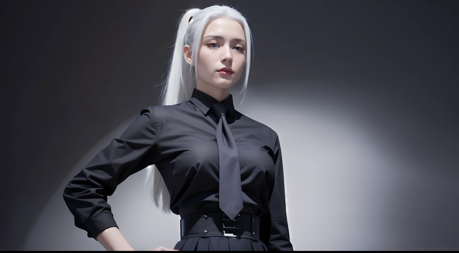 meimei2, 1woman, ponytail, black shirt, necktie, high-waist skirt, buttons, long skirt, extremely beautiful face, realistic, detailed face, narrow eyes, ((solo)), white hair, ((upper body)), beauty, exquisite face