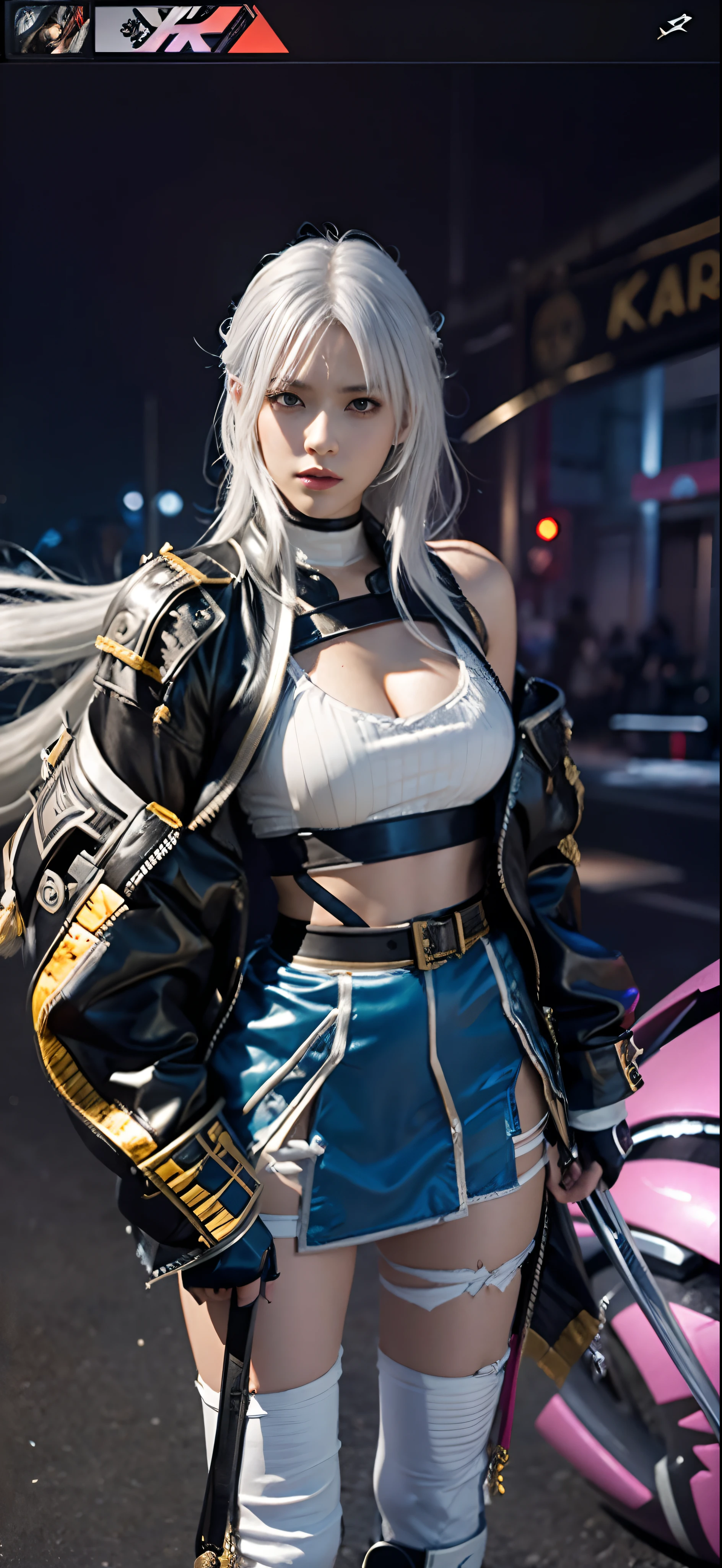 a close up of a person in a costume with a sword, as a character in tekken, female character, tifa lockhart with white hair, katana zero video game character, lunar themed attire, kda, slim body, cyborg - girl with silver hair, upper body avatar, fashion gameplay screenshot, fighting game character, new character, floralpunk elysian maiden, sigma female