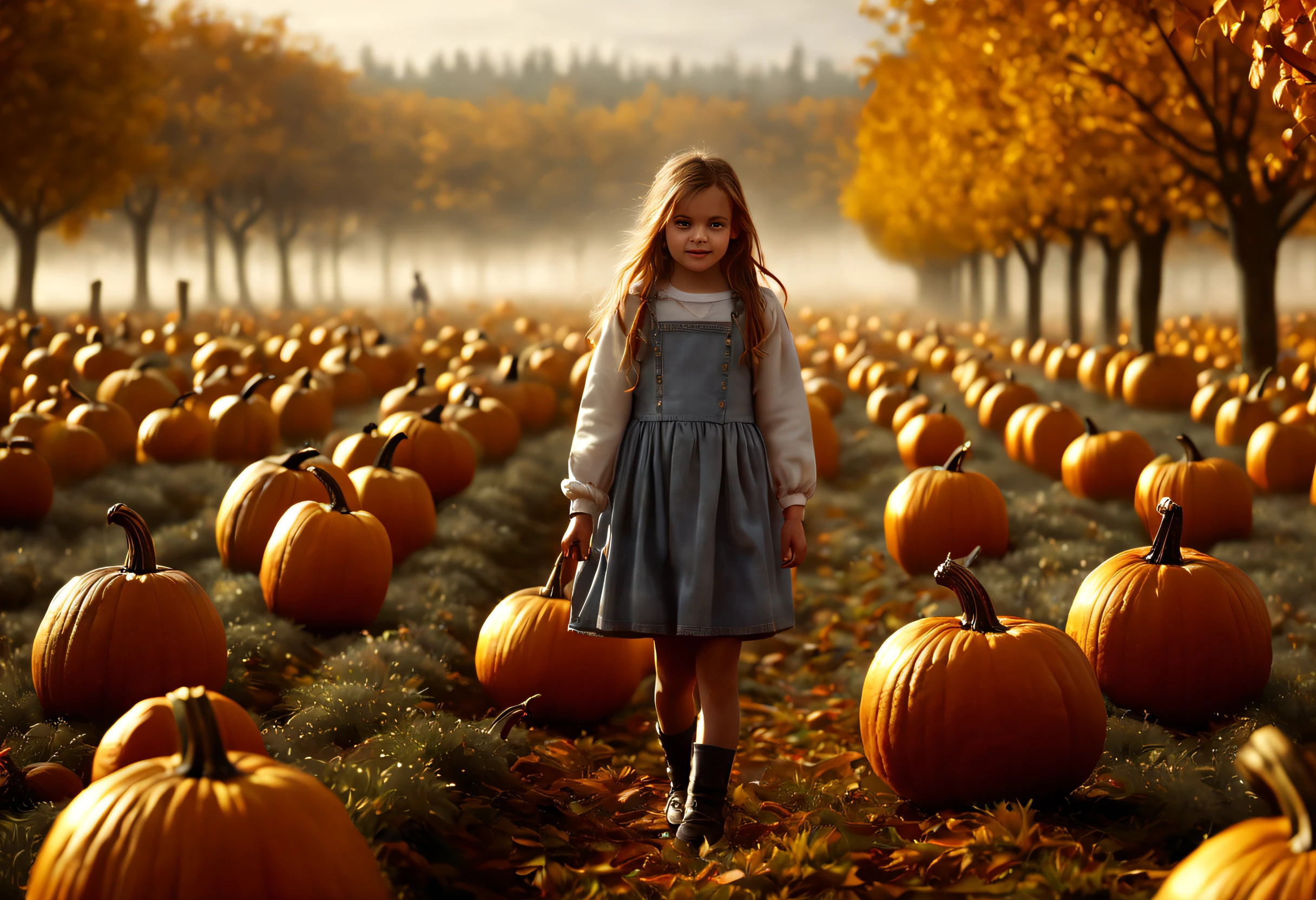 (best quality, 4k, 8k, high resolution, masterpiece: 1.2), ultra detailed, (realistic, photorealistic, photorealistic: 1.37),Among pumpkins in the vast and golden field,
A girl plays, in the enchanted autumn. (there is a lot of fog: 1.32)