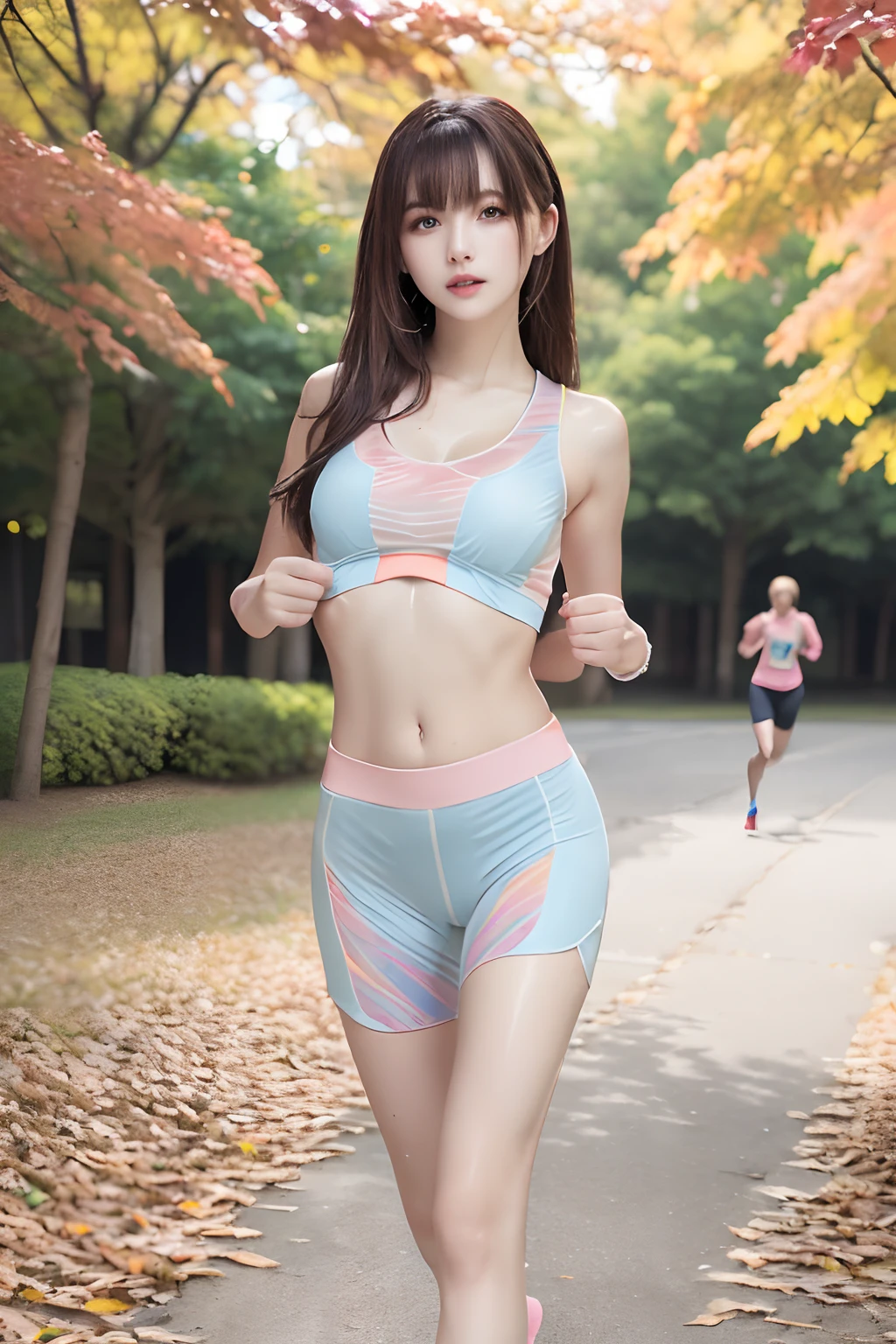 masutepiece, Best Quality, One girl, (Beautiful Girl:1.3), (18 years old:1.3), Very fine eye definition, (Symmetrical eyes:1.3), full body Esbian、(Perfect body without contradiction、Perfect limbs without contradiction:1.7)、(Beautiful large breast、Constricted waist:1.4), Brown eyes, Parted bangs, Brown hair、 (In a park full of autumn leaves、in sexy pose、Rest after sports)、(Colorful running wear in pastel colors in thin fabric:1.6)、(Clothing sticks to sweaty skin:1.4)