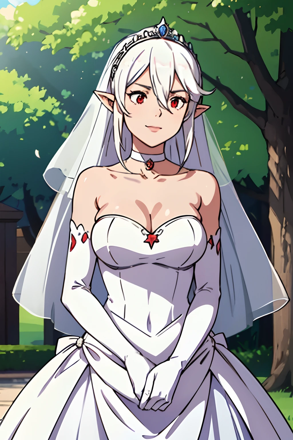 defCorrin, hair between eyes, ahoge, red eyes, pointy ears, white hair, star \(symbol\), hair ornament, dress, cleavage, bare shoulders, collarbone, long white elbow gloves, white gloves, white dress, white choker, strapless, tiara, veil, strapless dress, wedding dress, bridal veil, beautiful woman, perfect body, perfect breasts, wearing a wedding dress, ball gown, in the park trees, wedding decorations, a in love smile, realism, masterpiece, textured skin, super detail, high detail, high quality, best quality, 1080p, 16k