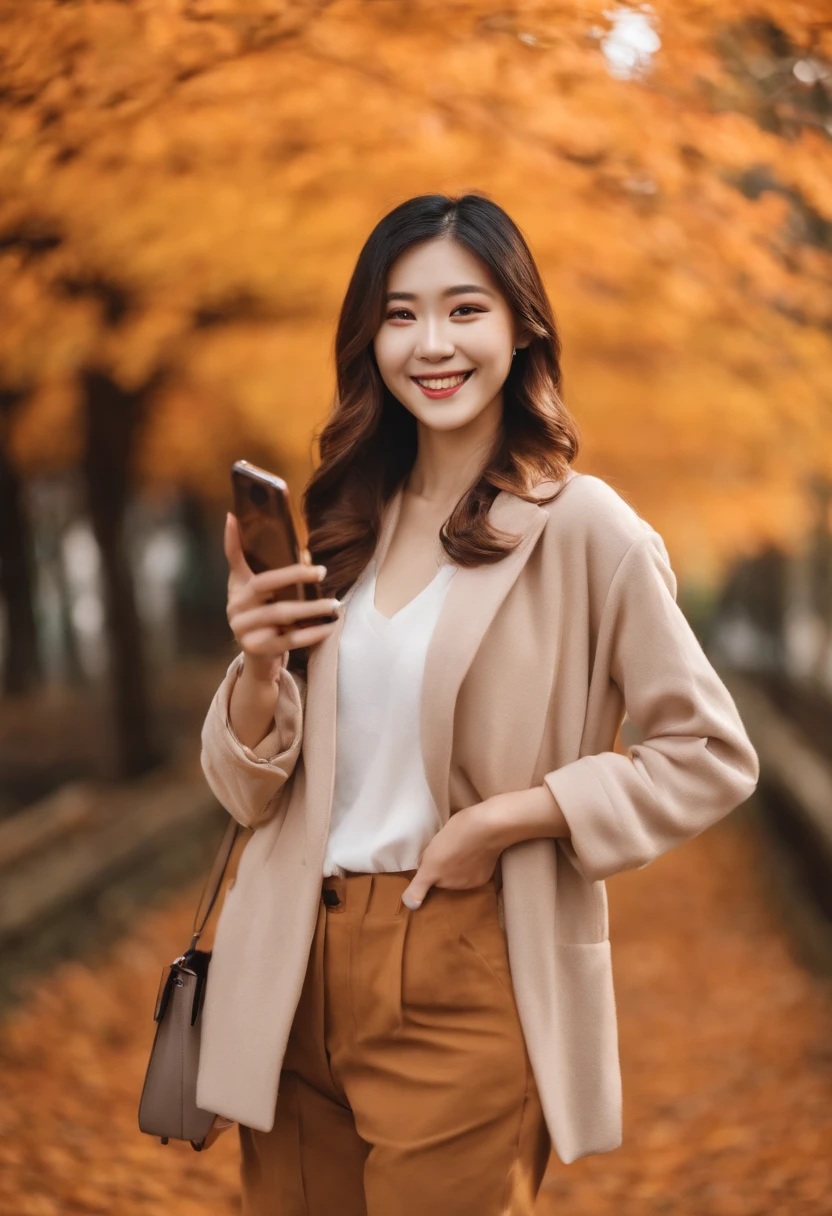 japanes　in her 20s　femele　Holding a smartphone　Longhaire　Autumn clothes　a smile