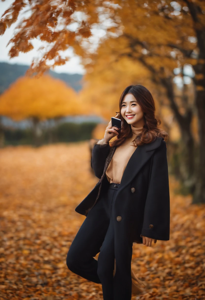 japanes　in her 20s　femele　Holding a smartphone　Longhaire　Autumn clothes　a smile