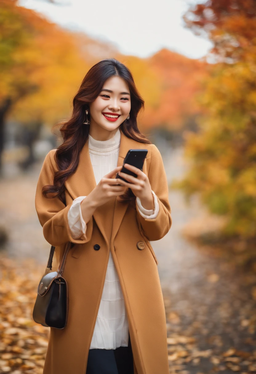 japanes in her 20s femele Holding a smartphone Longhaire Autumn clothes a smile